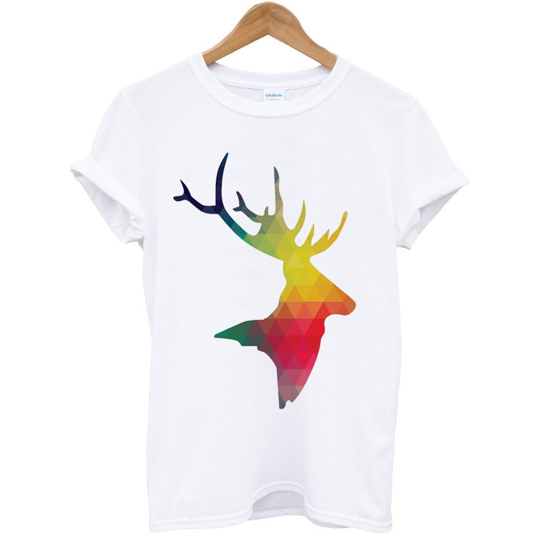 Abstract Deer Head短袖T恤-白色 抽象 鹿 头 角 几何 设计 动物 - 男装上衣/T 恤 - 棉 白色