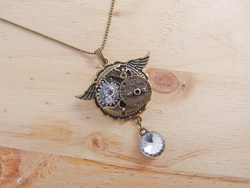 蒸气庞克。翅膀 水钻 齿轮 时钟 x 手工创作 复古长项链 - 长链 - 其他材质 咖啡色