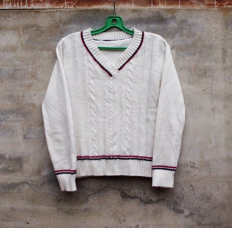 红黑边条针织毛衣 -脱臼古着- - 女装针织衫/毛衣 - 其他材质 白色
