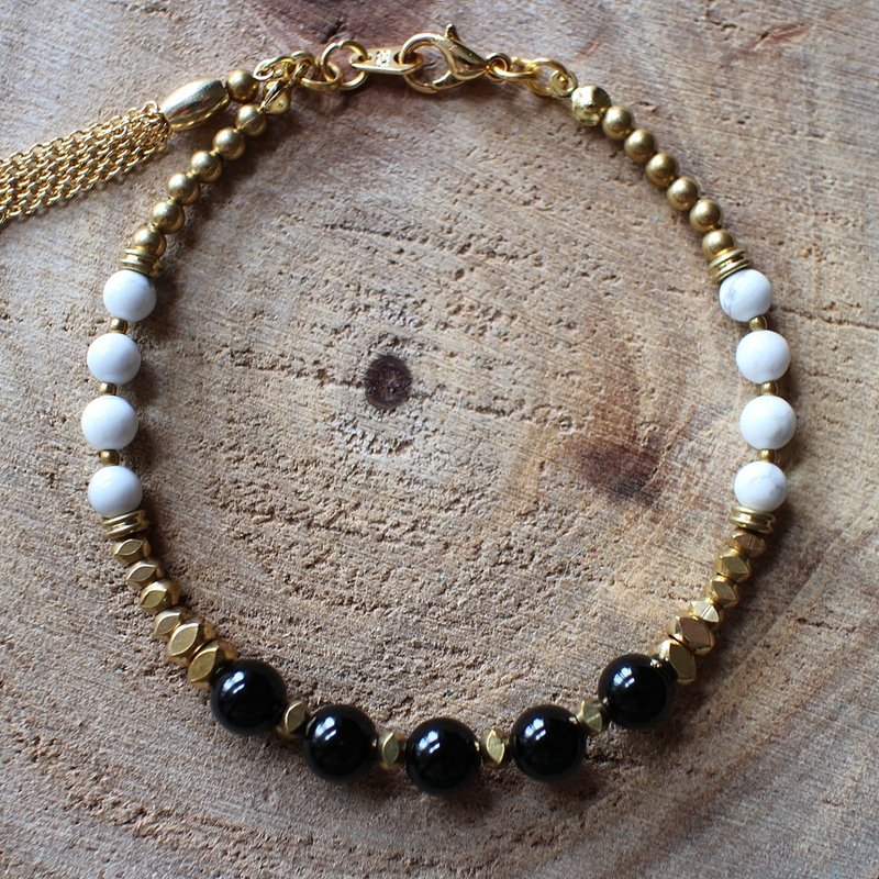 Muse自然风系列NO.79黑色黑玛瑙白纹石黄铜手链 - 手链/手环 - 其他材质 黑色