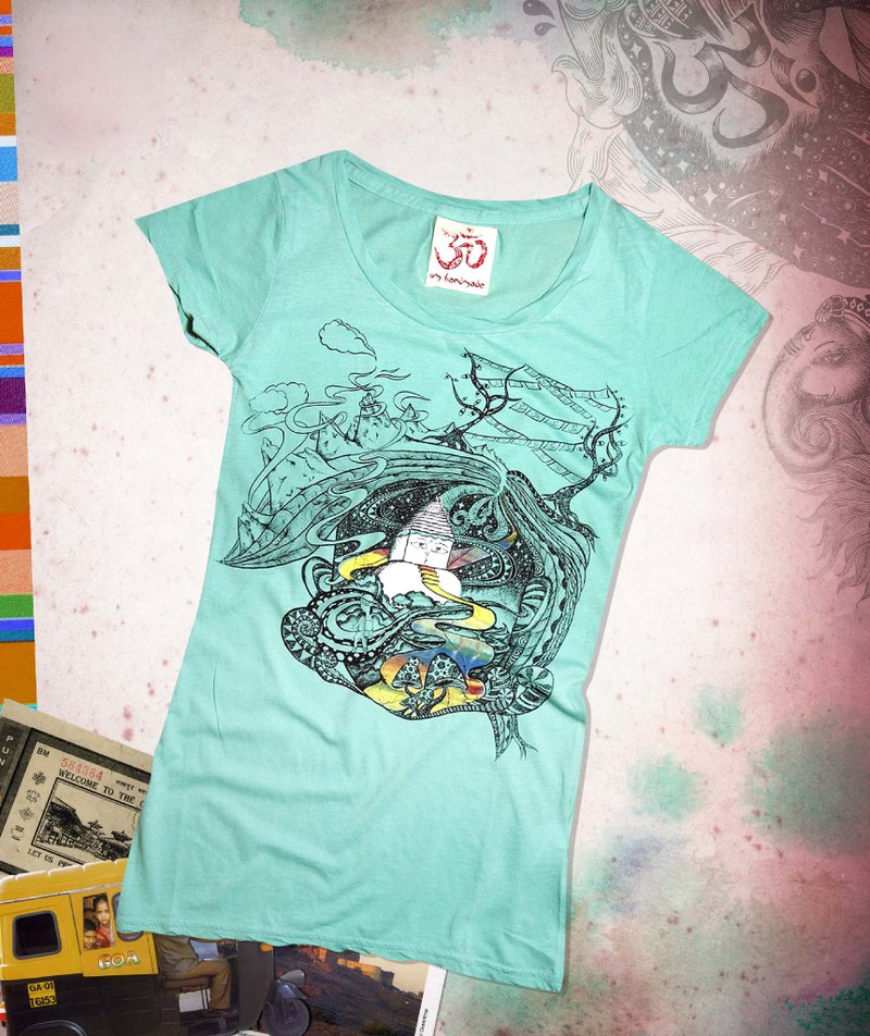 新手感旅行T-奔走在尼泊尔雪山(浅蓝绿) - 女装 T 恤 - 棉．麻 绿色