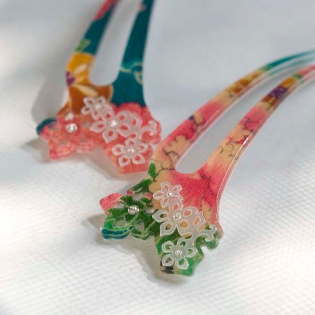夏樱,螺钿篓空镶钻花纹布,发簪,发插-绿 - 发饰 - 压克力 绿色