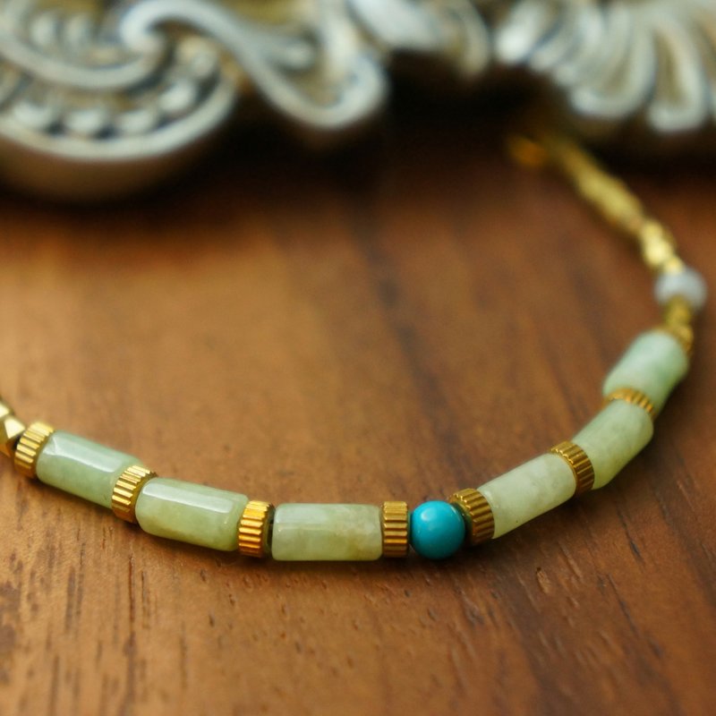 ♦Nina.s Jewelry Carft♦薄雾森林::缅甸玉&绿松石 黄铜手链 - 手链/手环 - 宝石 绿色