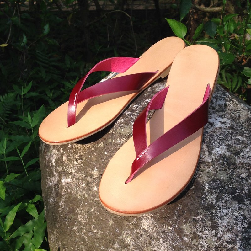 火鹤红＞希腊风皮革人字夹脚拖 手工制 flip-flops - 男女凉鞋 - 真皮 红色