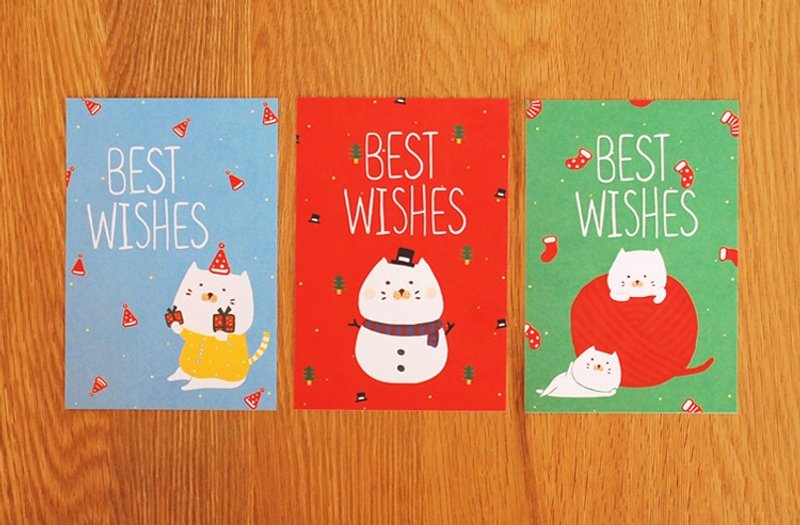 *Mori Shu*圣诞猫咪套装组（3入/含信封） - 卡片/明信片 - 纸 红色