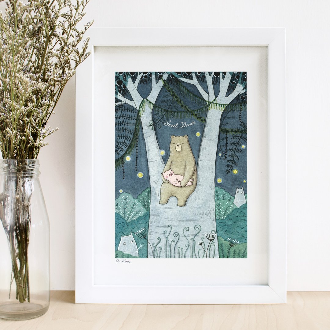 【印刷画 Art print】熊仔猪仔 sweet dream (不包框) - 海报/装饰画/版画 - 纸 