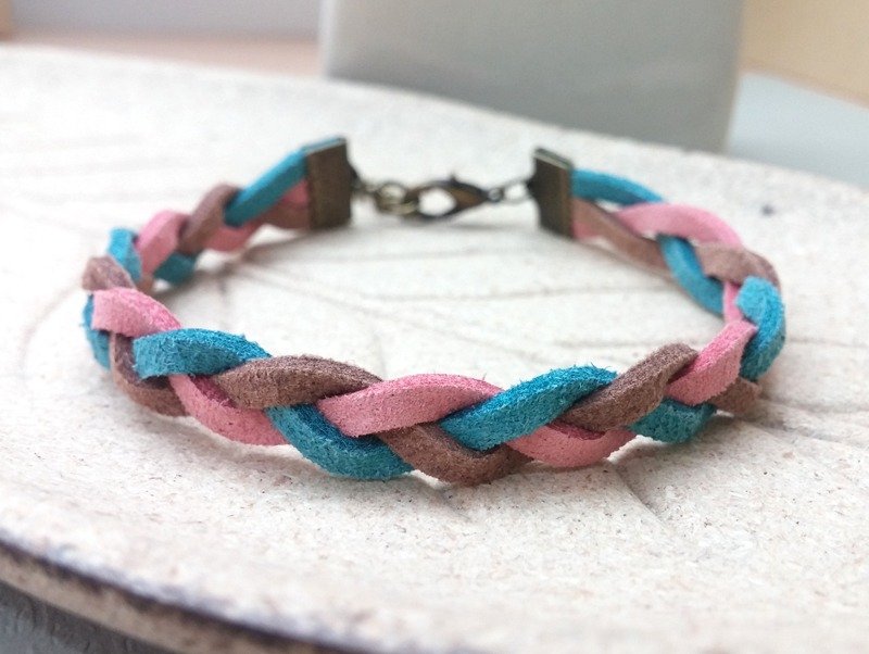 ♥ H.Y ♥ 手作x编织手环 三色简约 清新粉蓝咖 - 手链/手环 - 真皮 粉红色