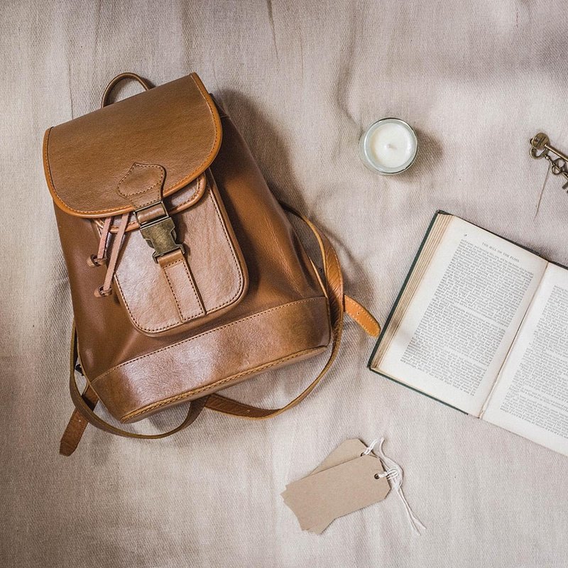 Mya经典牛皮后背包 焦糖 - 后背包/双肩包 - 真皮 橘色