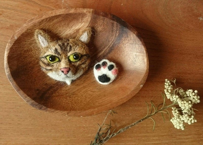 定制化 羊毛毡猫头+猫手胸针组 - 玩偶/公仔 - 羊毛 