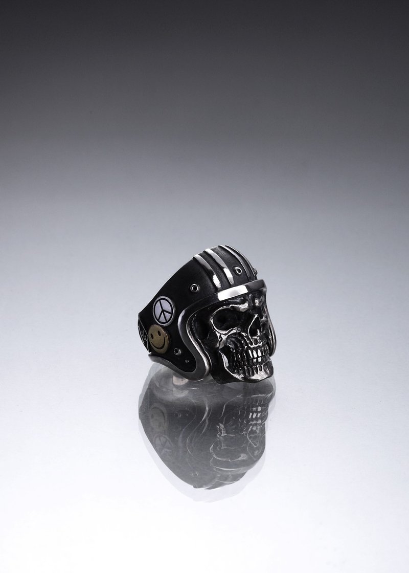 安全帽骷髅徽章戒 Helmets Skull Ring Let's Ride系列 Freedom - 戒指 - 纯银 灰色