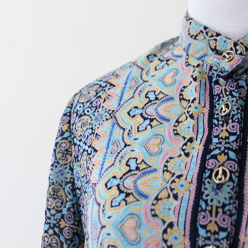 【RE0708D398】复古民族风图腾深蓝色薄款长袖古着洋装 - 洋装/连衣裙 - 其他材质 黑色