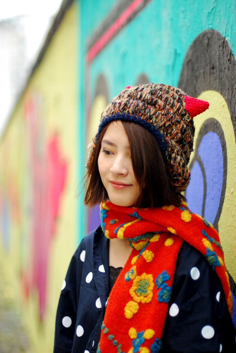 MR.STORE 手工毛线帽子 橙咖啡小恶魔帽子 - 帽子 - 其他材质 橘色