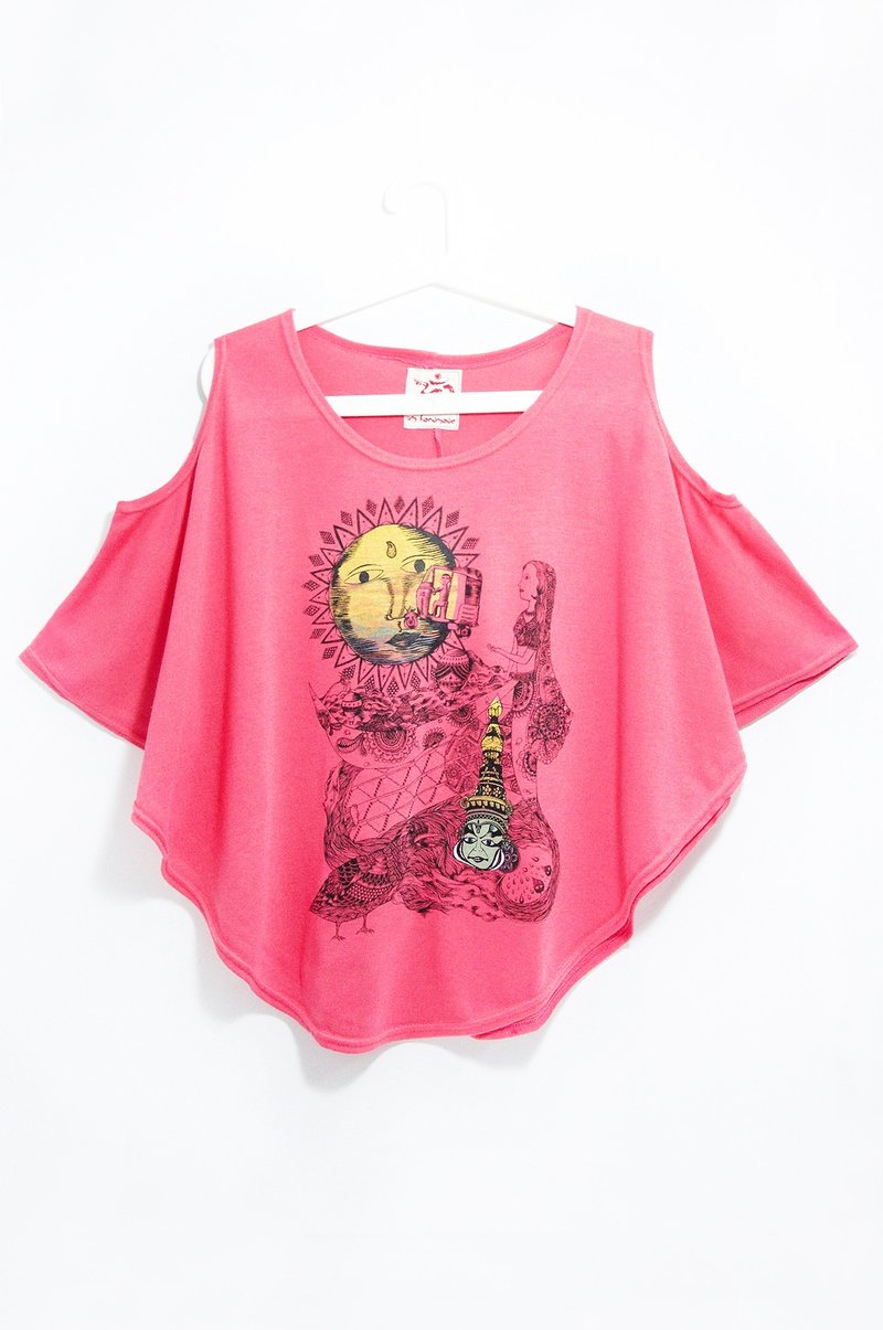 手感自然垂坠两穿露肩女装 -  从这里，开始旅行吧 ! ( 仅存一件 ) - 女装 T 恤 - 棉．麻 红色