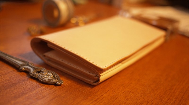 真皮手作 手工缝制染色 女用、 皮夹 长夹 可免费打印名字 原皮色 - 手拿包 - 真皮 咖啡色