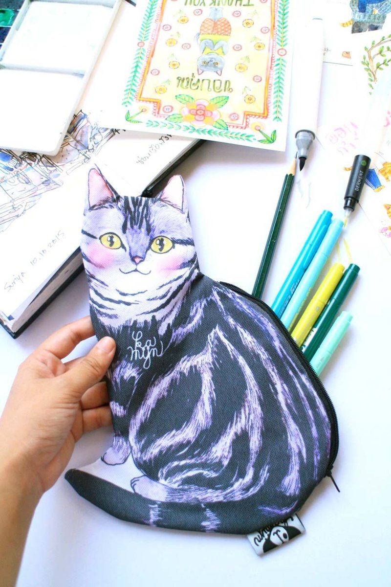 蓝灰条纹猫杂物包 - 化妆包/杂物包 - 其他材质 灰色