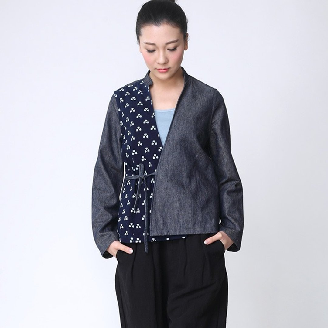 靛青蓝染手工印章 棉麻布开衫 复古系绳衬衫   藍  O141201 - 女装上衣 - 棉 蓝色