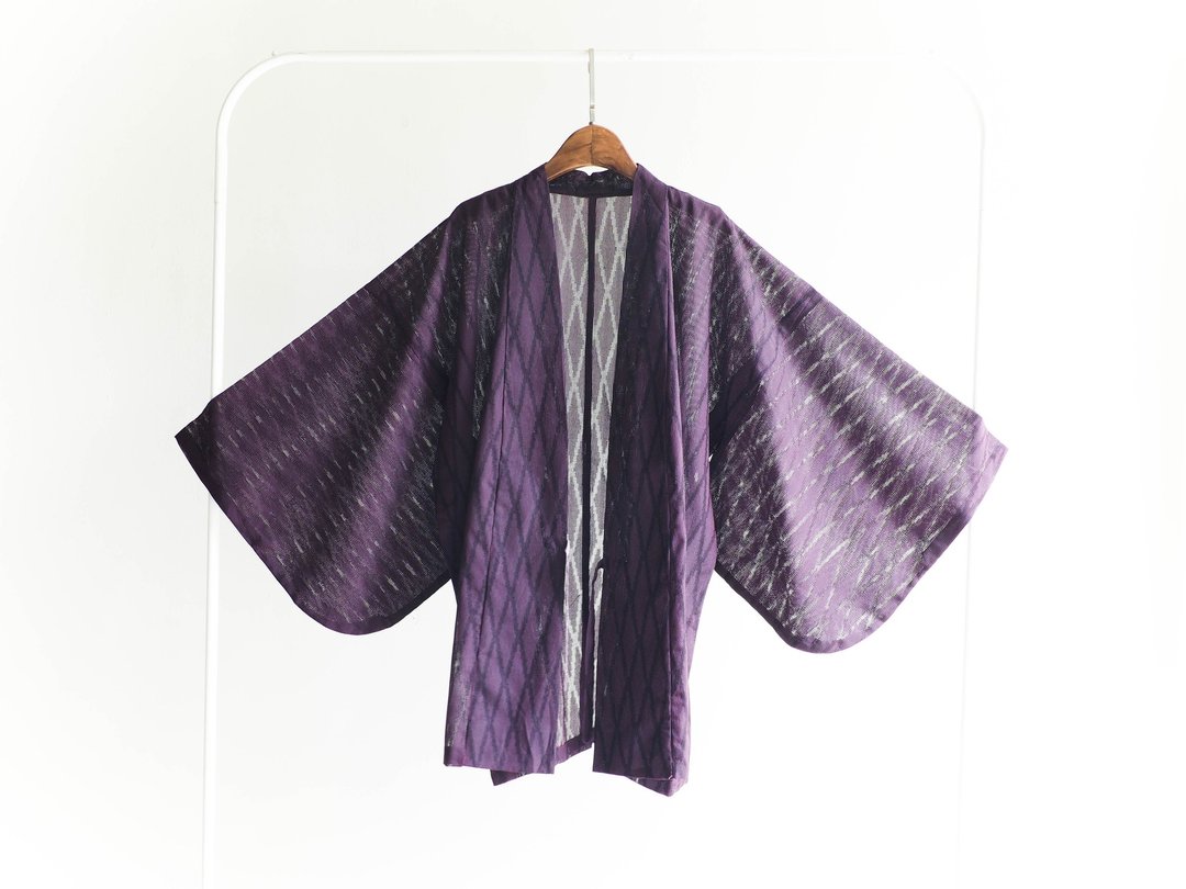 河水山 - 星空迷幻菱格透紫纱纹 羽织 日本古董和服外套 古着 - 女装休闲/机能外套 - 棉 紫色