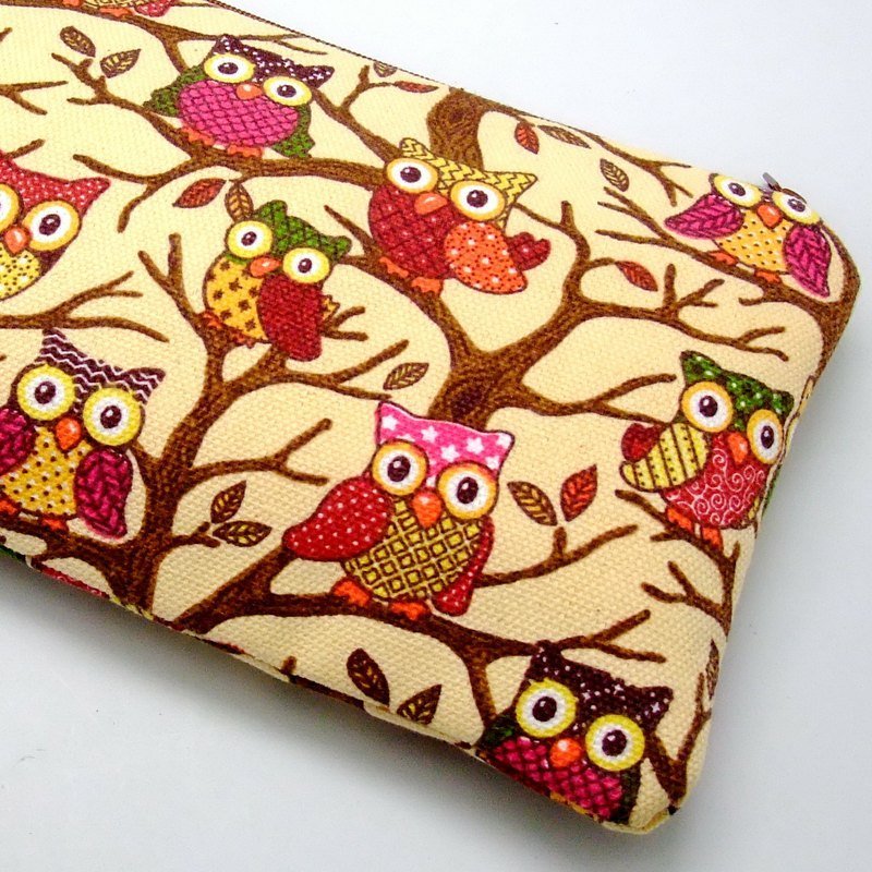 拉链收纳布包，化妆袋，笔袋，手拿包 (BB猫头鹰) (ZL-1) - 化妆包/杂物包 - 棉．麻 咖啡色