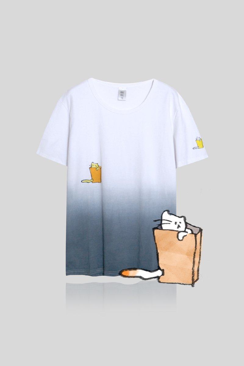 【最后一件】纸袋白喵喵／渲染渐层踢 - 女装 T 恤 - 棉．麻 白色