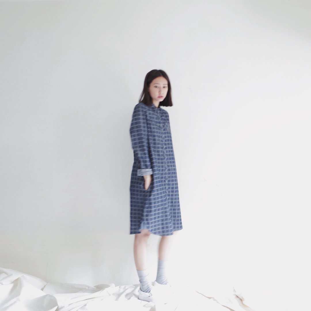 一小格 牛仔长衫 - 女装衬衫 - 棉 蓝色