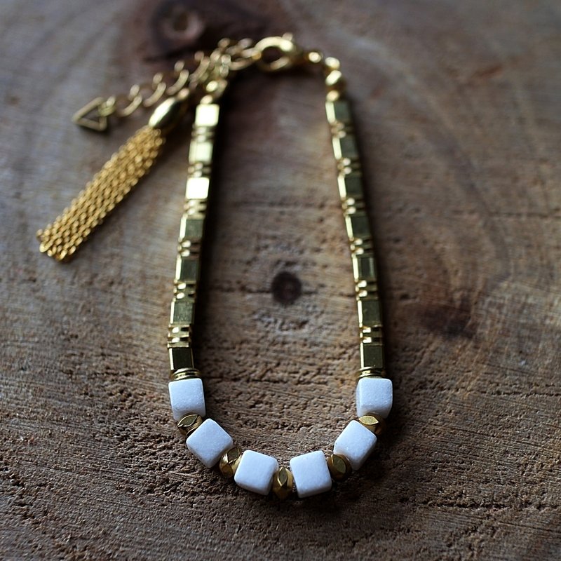 Muse自然风系列NO.135白色方形马来玉方形黄铜手链 - 手链/手环 - 其他材质 白色