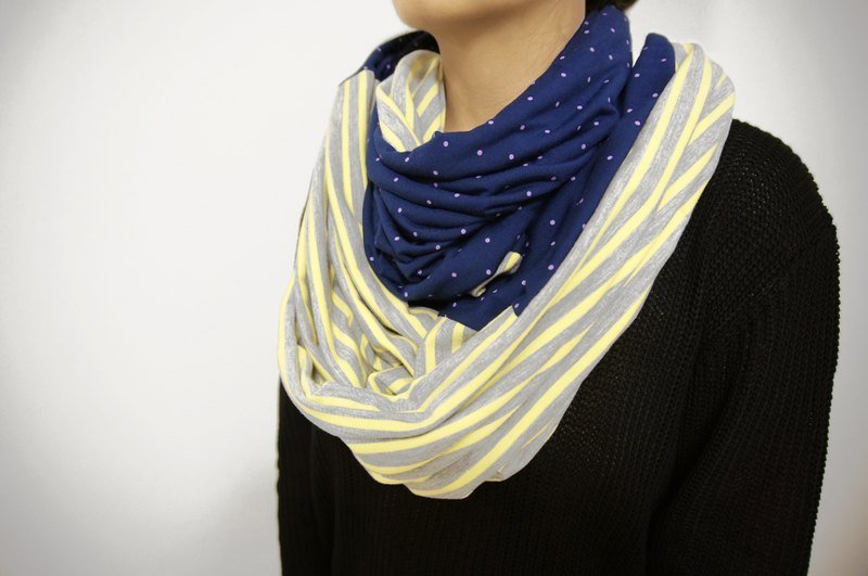 双色条纹蓝点拼接圈圈围巾 - 丝巾 - 棉．麻 黄色