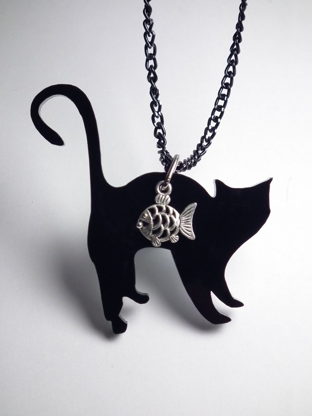 力克鸭▲猫咪爱吃鱼(生气猫)▲项链/钥匙圈 - 项链 - 压克力 黑色