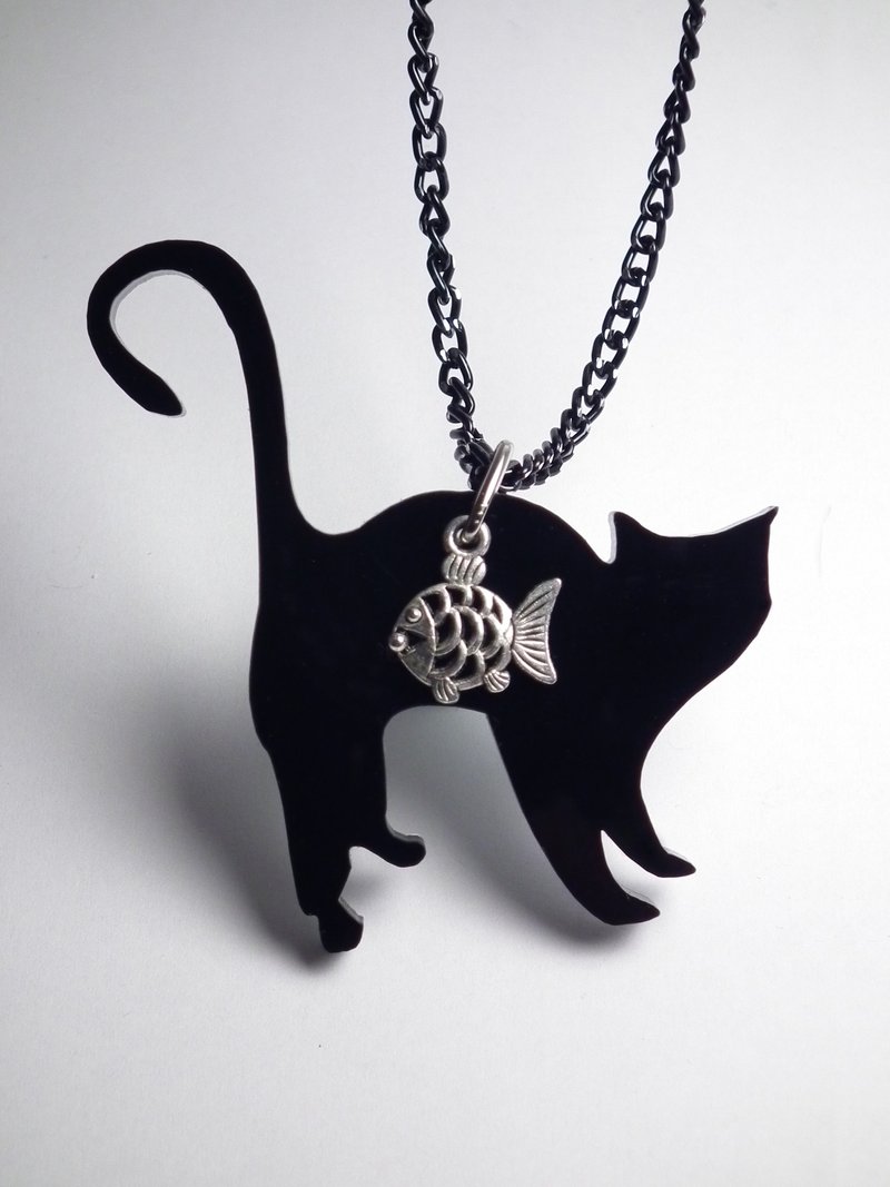 力克鸭▲猫咪爱吃鱼(生气猫)▲项链/钥匙圈 - 项链 - 压克力 黑色