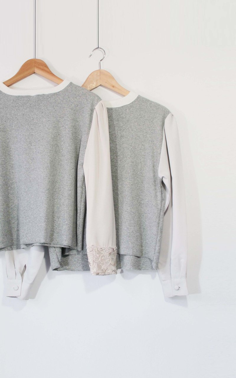 Wahr_白圆领灰底拼接长袖上衣 - 女装上衣 - 其他材质 灰色