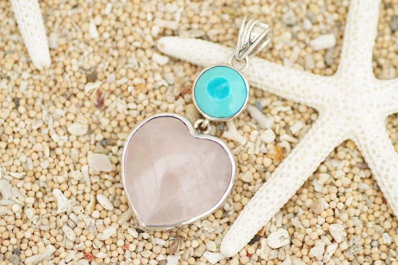 Heart of rose quartz and turquoise pendant - 项链 - 宝石 粉红色