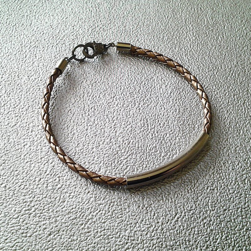 EarringFanatic金属弯管咖啡金色辨子皮中性手链 - 手链/手环 - 真皮 咖啡色