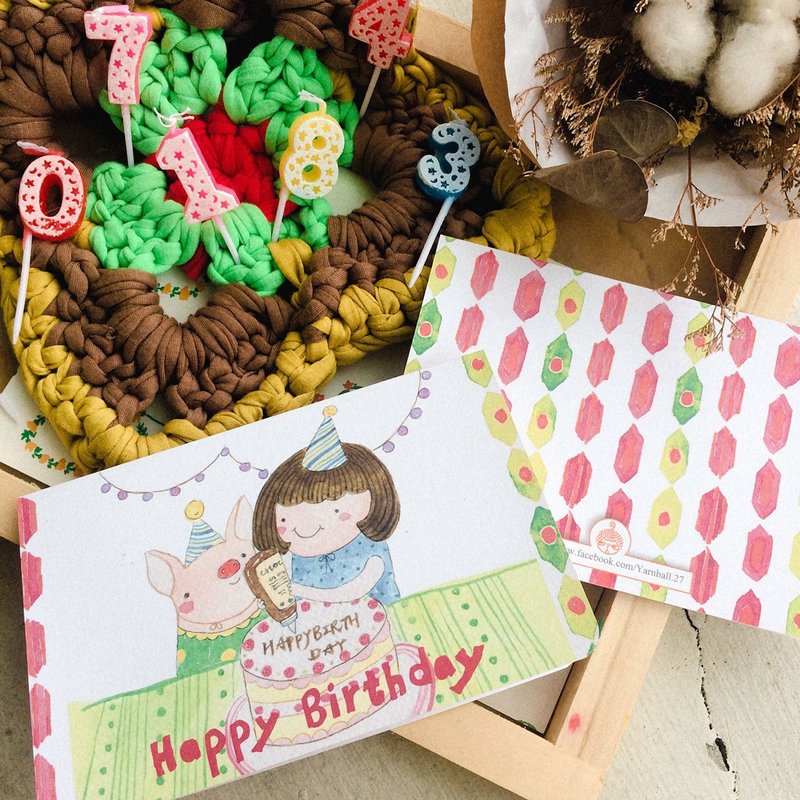 针线球 万用卡片- 女孩与猪生日卡片 - 卡片/明信片 - 纸 白色