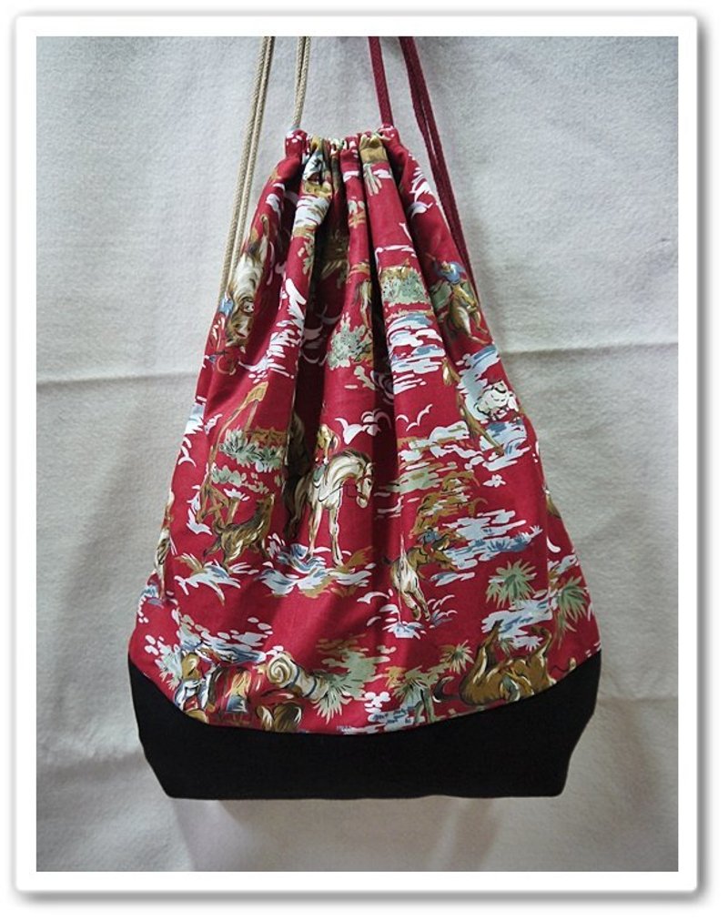 束口袋后背包+牛仔生活+ - 束口袋双肩包 - 其他材质 红色