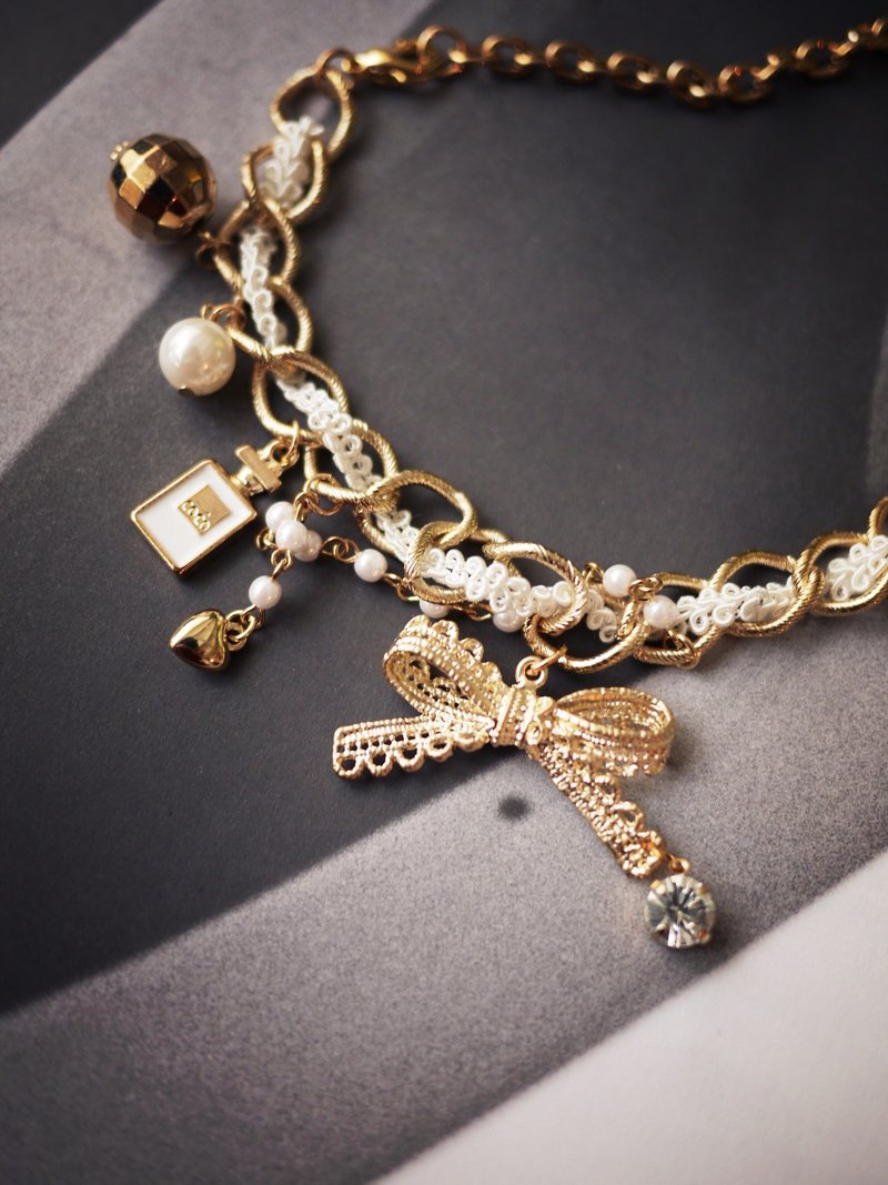 简约系列 - 哑金 蝴蝶结 蕾丝 珍珠 香水 金币 2合1 项链/手链 - 项链 - 其他金属 白色