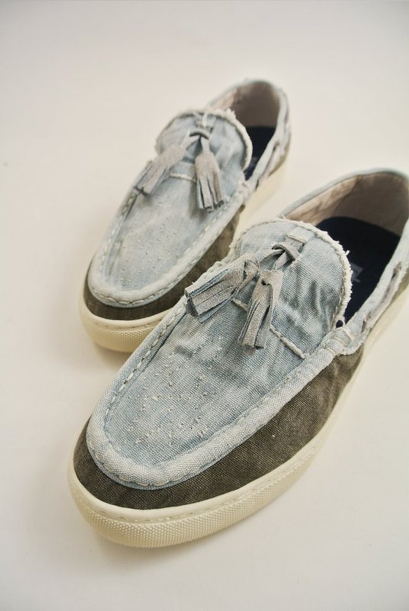 Preppy到癫．惬意男孩儿牛仔仿旧流苏鞋 - 男款休闲鞋 - 真皮 蓝色