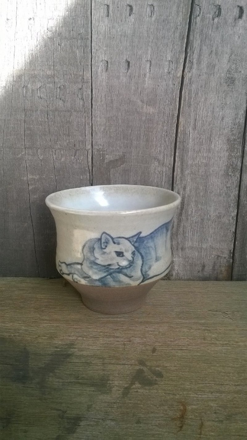 青花绘猫-虎斑-手感握杯 - 茶具/茶杯 - 其他材质 蓝色