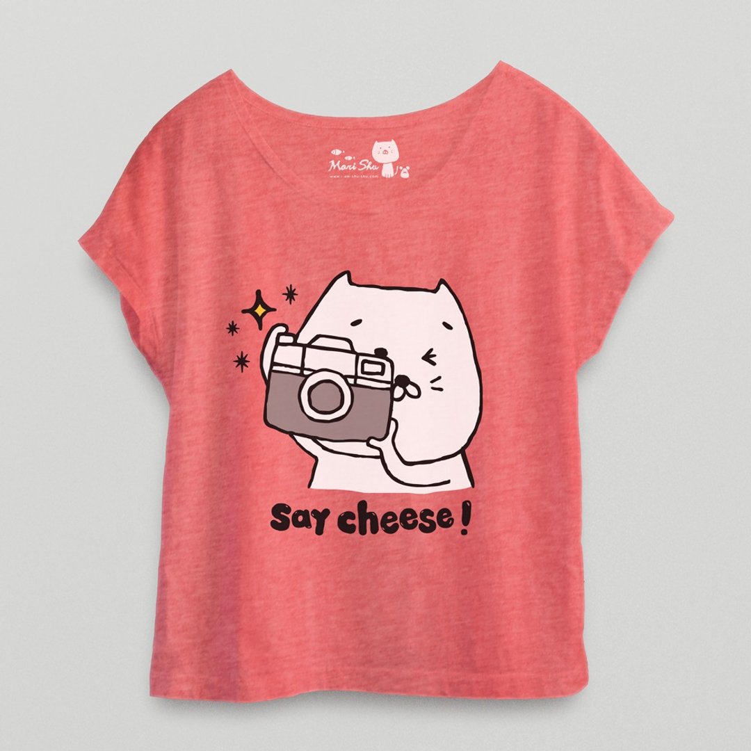 包子猫say cheese照相T-shirt (麻花红色) - 女装短裤 - 棉 红色