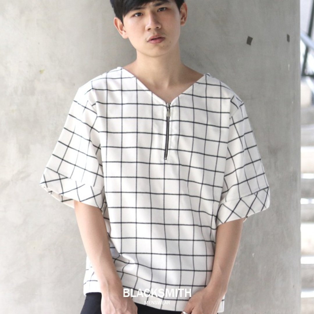 'Alonzo' V-neck Grid Top - 男装上衣/T 恤 - 棉 白色