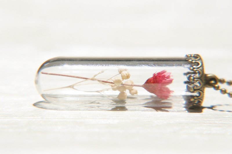 情人节礼物 森林女孩 英式干燥花玻璃项链-红色花朵 +满天星 - 长链 - 玻璃 红色