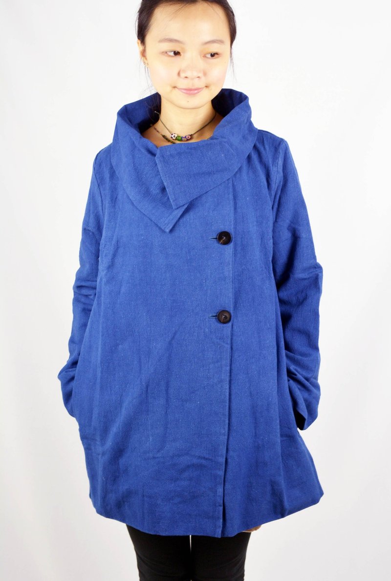 植物染交叉立领外套＿大菁蓝＿公平贸易 - 女装休闲/机能外套 - 棉．麻 蓝色