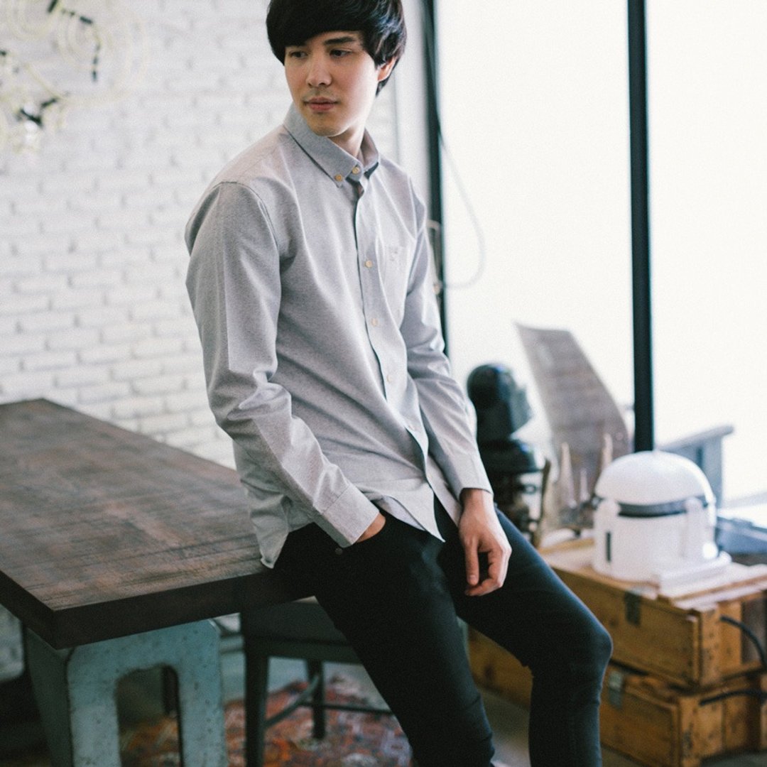 Men shirt: Slim-Button down collar - 男装衬衫 - 棉 灰色