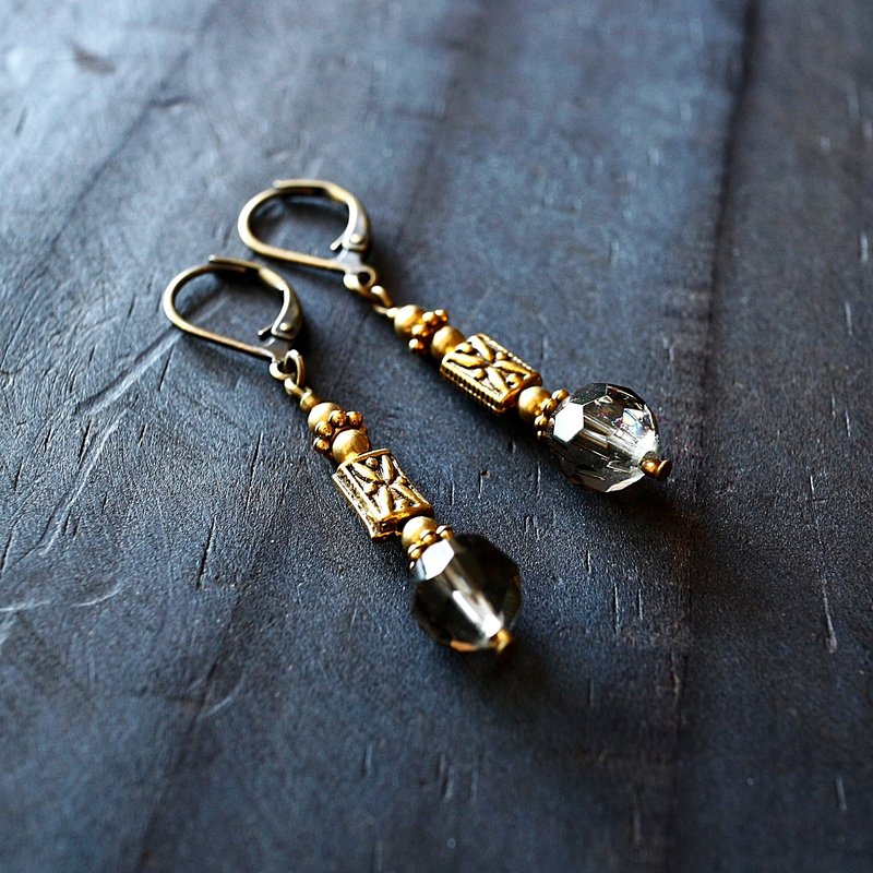 EF复古宫廷系列NO.8灰色琉璃雕花黄铜限量耳环 - 耳环/耳夹 - 其他材质 灰色