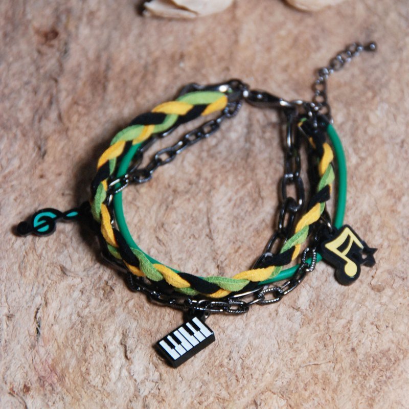 音符/黑白钢琴键/黑绿黄编绳搭配多层次手链 - 手链/手环 - 塑料 绿色