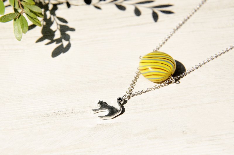 情人节礼物 / 宇宙星球 / 法式条纹口吹玻璃项链 短链 长链 锁骨链 - 猫咪玩耍毛线球 - 长链 - 玻璃 多色