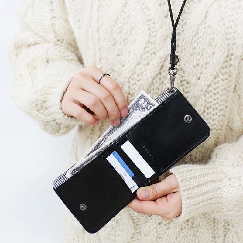 Dessin x indigo-对开式票卡皮夹V.2(附挂绳)-率性黑,IDG03678 - 证件套/卡套 - 真皮 黑色