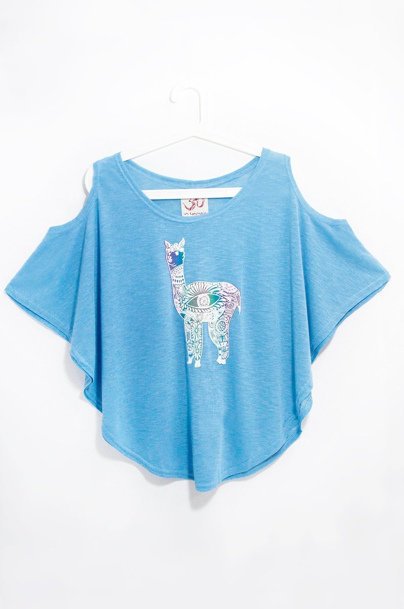 / 七夕情人节礼物 / 女装手感竹节棉two ways设计上衣 / T-shirt - 秘鲁羊驼草泥马 ( 仅存一件 ) - 女装上衣 - 棉．麻 蓝色