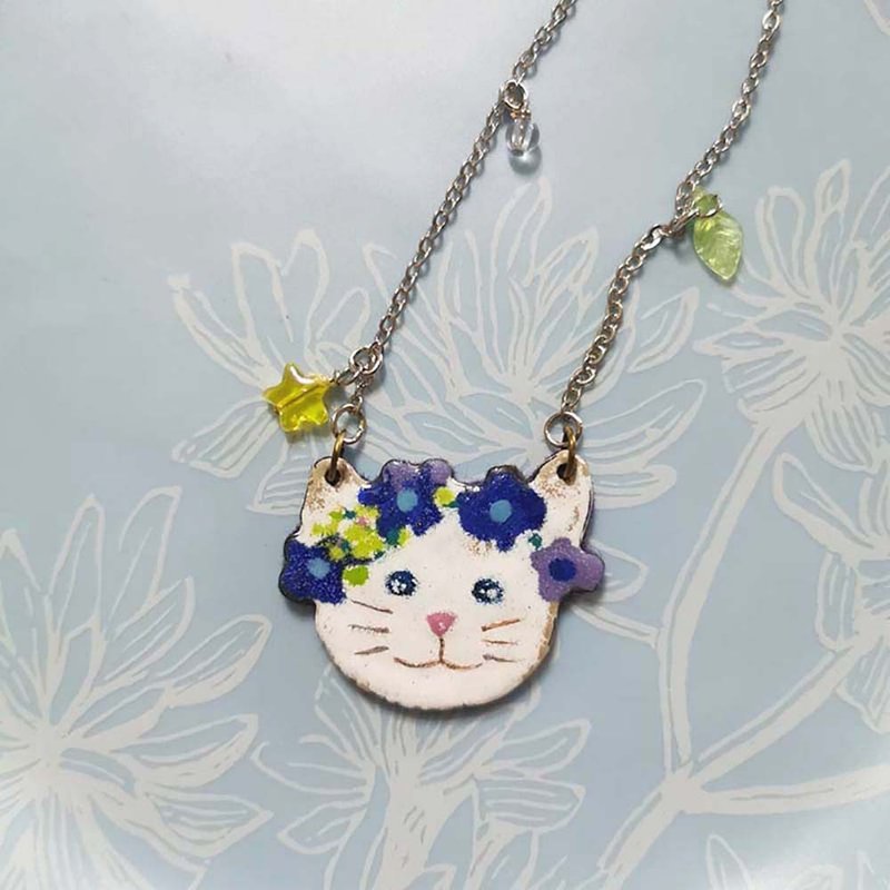 花猫珐琅长链 - 项链 - 珐琅 蓝色