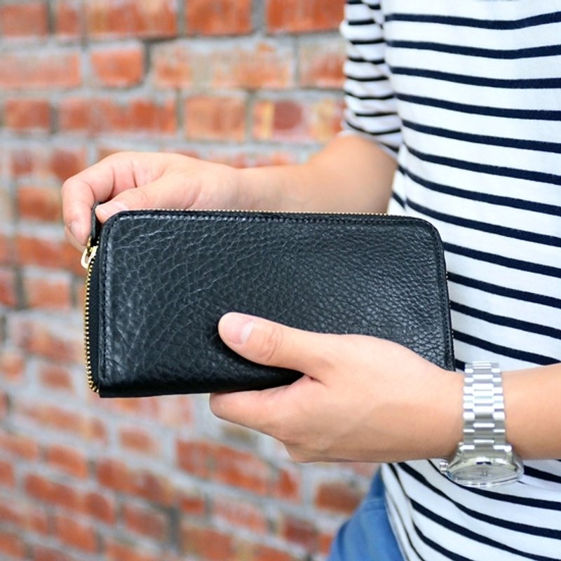 日本制牛皮手工拉链长皮夹 Made in Japan by CLEDRAN - 皮夹/钱包 - 真皮 黑色