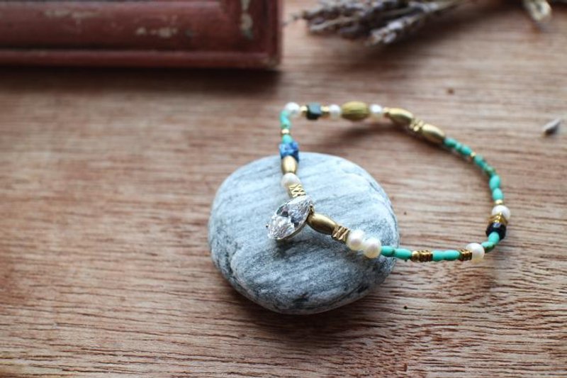 威尼斯的海~锆石/黄铜/珍珠/松绿石 手环(限量一条) - 手链/手环 - 其他材质 