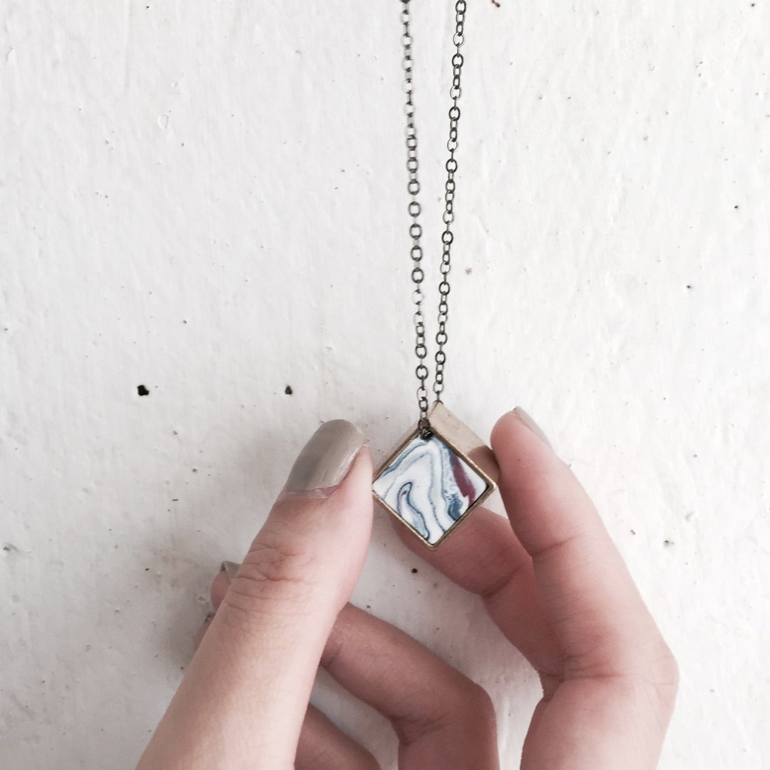 铜盒子大理石纹颈链 ∎ Copper Cube Marble Necklace ∎ Marble collection ∎ - 颈链 - 其他金属 灰色